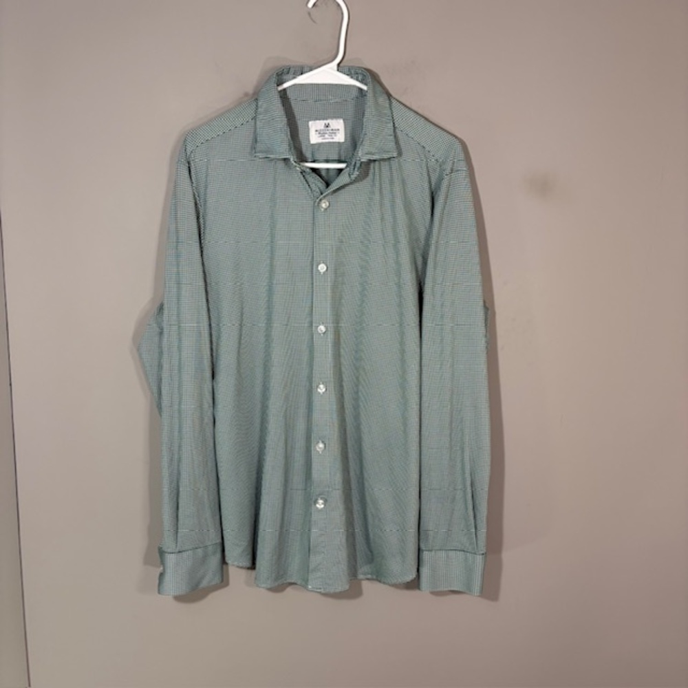 Mizzen+Main Shirt Mens Large Green Check Long Sleeve Button Up Stretch Slim Fit